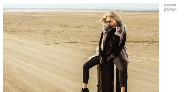 Silver fox fur vest: Symetrie,; Jeans: Marani; sweater: Boss Orange; Belt: Maison  Anna Dorothea; pendant: Givenchy; Boots: Guess; leather gloves, Baldinini,; glasses, Oliver  Peoples,; suitcase: Benga.